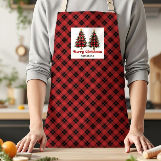 Tablier Delightful Buffalo Plaid Trees Personalized Xmas (Delightful Buffalo Plaid Tree Personalized Xmas Apron Gift)