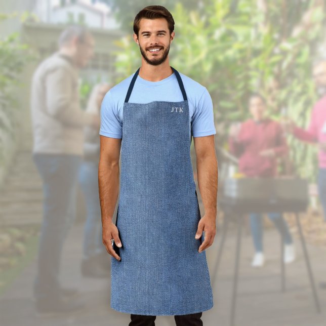 Tablier Denim bleu monogramme (Monogrammed Blue Denim Apron - Blue Denim look to go with your favorite jeans.)