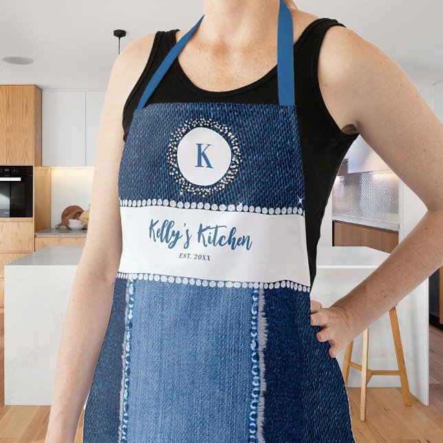 Tablier Denim Diamonds Blue Pays Personnalisé Monogramme C (denim diamonds apron personalized gift bridal bachelorette mom grandma hostess country western chic)