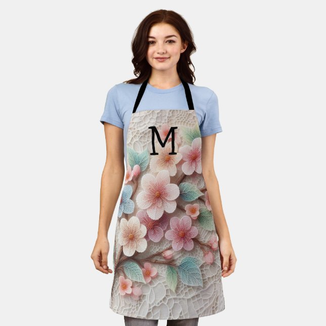 Tablier Dentelle monogramme florale rose pastel fleur de c (Porté)