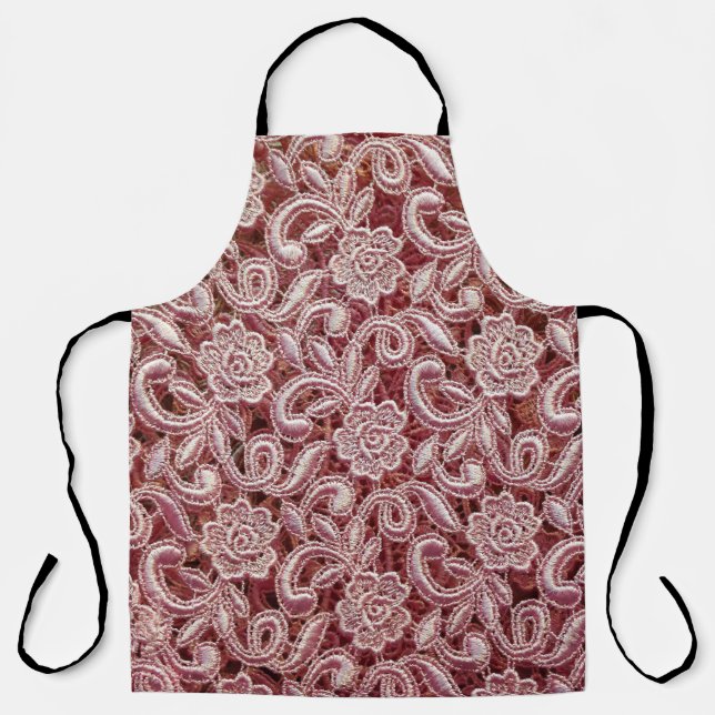 Tablier Dentelle rose, motif de roses anciennes. (Recto)