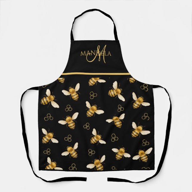 Tablier Design de monogramme élégant de reine abeille or (Recto)