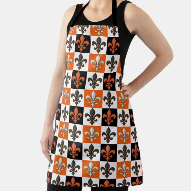 Tablier Design Orange Noir Blanc À damiers Fleur de lis (Créateur téléchargé)