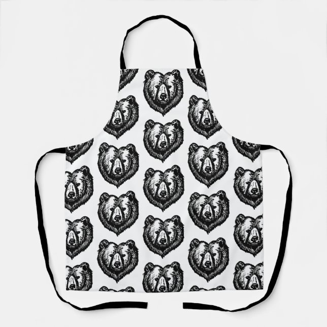 Tablier Dessin à l'encre du visage d'ours noir et blanc (Recto)
