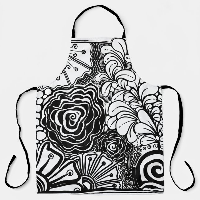 Tablier Dessin floral zen noir et blanc à motifs (Recto)