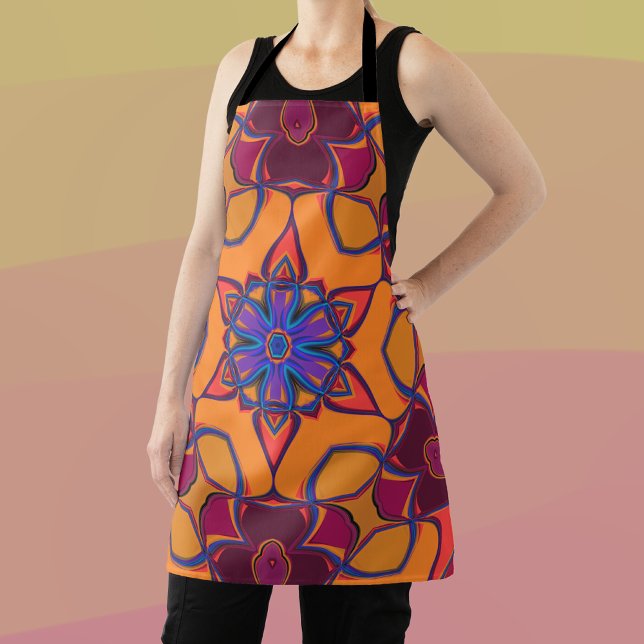 Tablier Dessin Mandala Fleur orange violet et bleu (Créateur téléchargé)