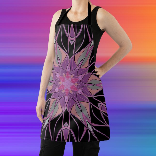 Tablier Dessin Mandala Flower noir violet et rose (Créateur téléchargé)