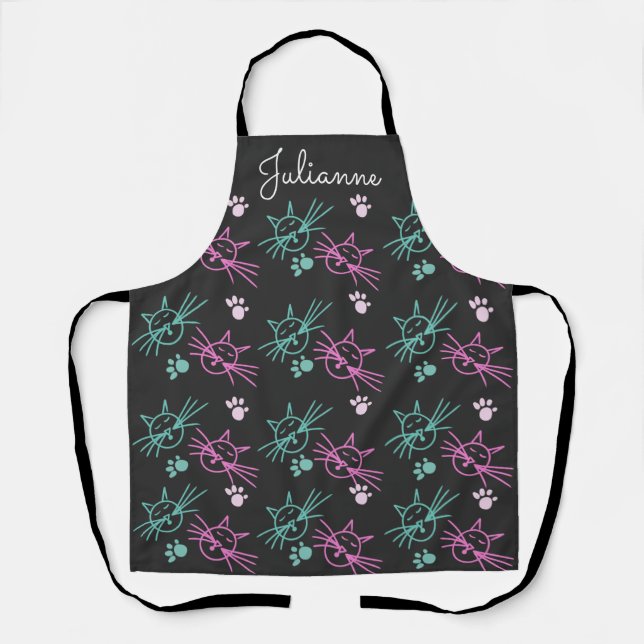 Tablier Dessins Mignons de Chat Rose Bleu Clair Animal Noi (Recto)