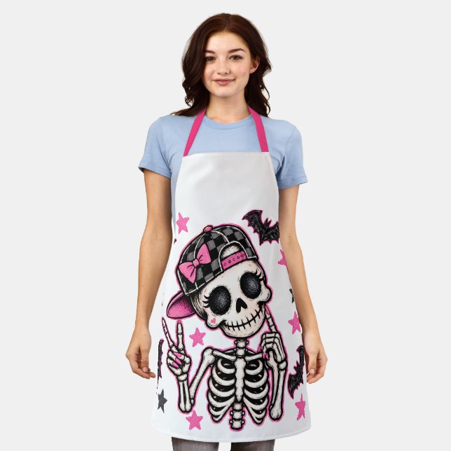 Tablier d'Halloween squelette crâne rose (Porté)