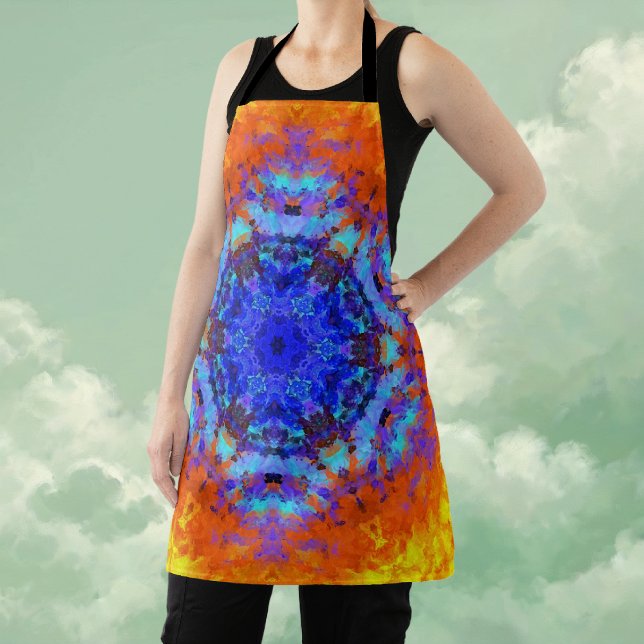 Tablier Digital Mandala bleu orange et jaune (Blue Orange and Yellow Digital Mandala Apron by Wormhole Orbital)