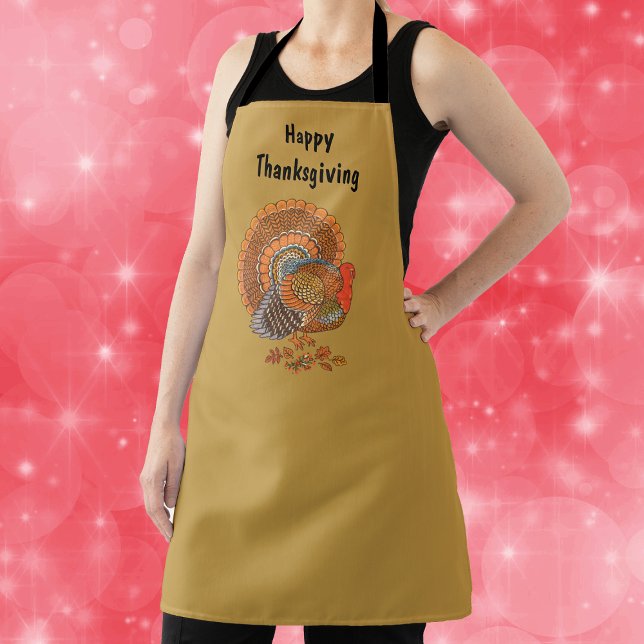 Tablier Dindon de Thanksgiving mâle Queue épanouie jaune f (Male turkey fanned tail in leaves on dark golden yellow Thanksgiving cooking apron.)