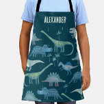 Tablier Dinosaure personnalisé<br><div class="desc">Beaucoup de dinosaures bleus, Tyrannosaurus rex, Spinosaurus, Stegosaurus, Diplodocus et Tricératops sur un arrière - plan vert turquoise foncé. Modifiez le nom pour personnaliser. Art original de Nic Squirrell.</div>