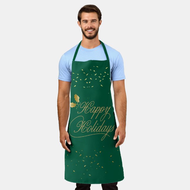 Tablier Divertissement de fêtes joyeuses vert et or (Porté)