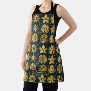 Tablier Doodle motif floral doré nom personnalisé