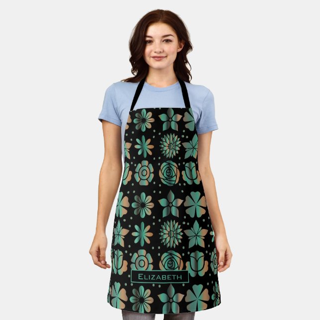 Tablier Doodle vert motif floral nom personnalisé (Porté)