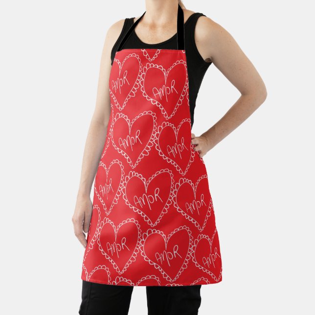 Tablier Doodles Black Hearts Valentines Day Red (Insitu)