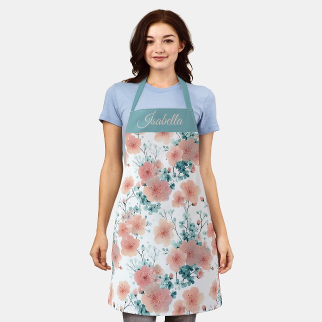 Tablier Douce Fleur Rose Pâle de Printemps Personnalisée (Porté)