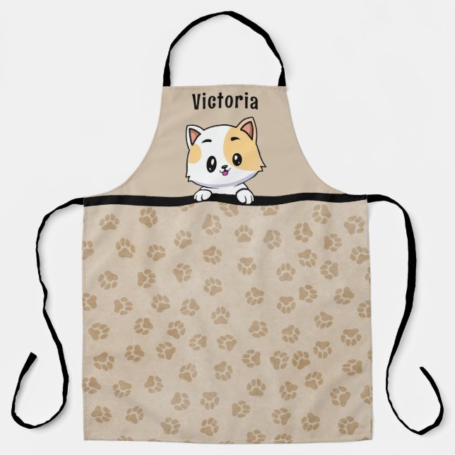 Tablier Douce Kitty Chat avec nom et empreintes de pattes (Recto)