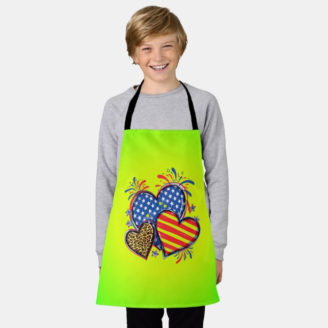 Tablier Drapeau Américain Cœur Léopard Sublimation-64210 (Porté)