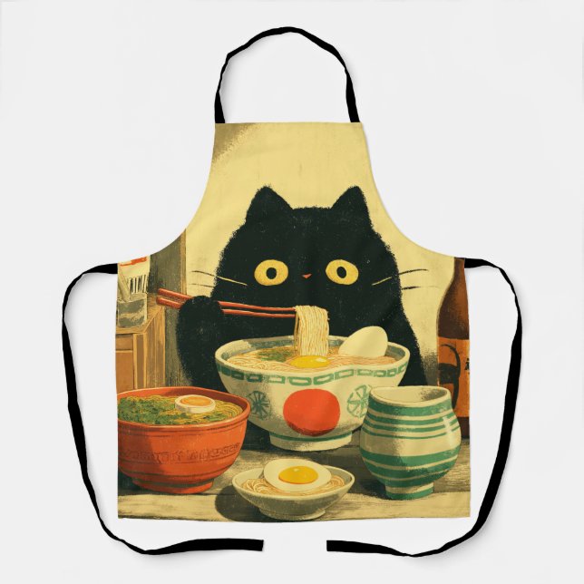 Tablier Drôle chat noir manger Ramen (Recto)