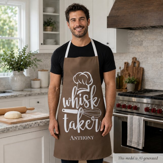 Tablier drôle de Preneur de Fouet (funny brown whisk taker apron for baking men with custom name monogram)