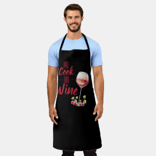 Tablier Drôle "Will Cook for Wine" Noir et Rouge Humoristi