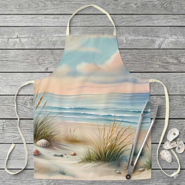 Tablier Dunes Côtières Pastel à l'Aquarelle (Pastel Coastal Dunes Watercolor Apron Laying lat On Wood Deck)