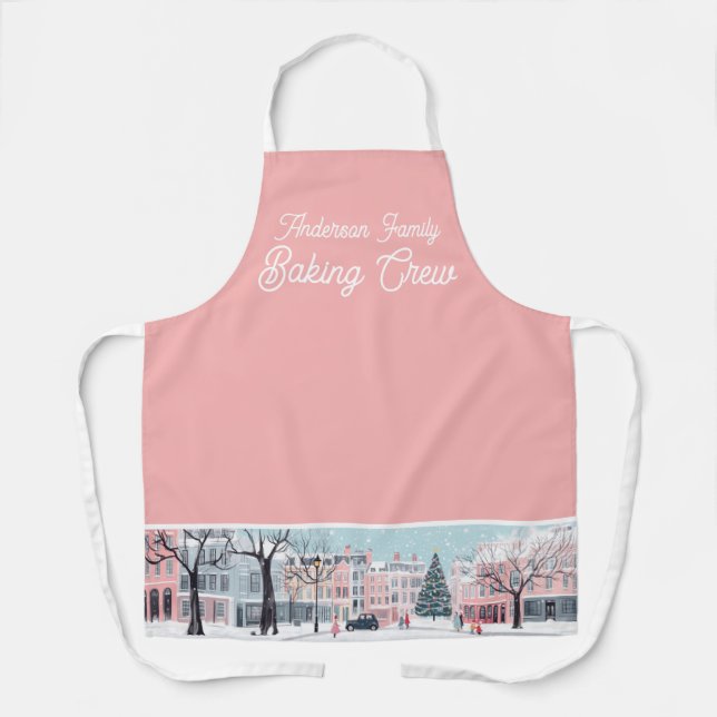 Tablier Écran de cuisson moderne rose Noël hiver Ville (Recto)