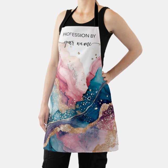 Tablier Écriture moderne aquarelle rose et or (Insitu)