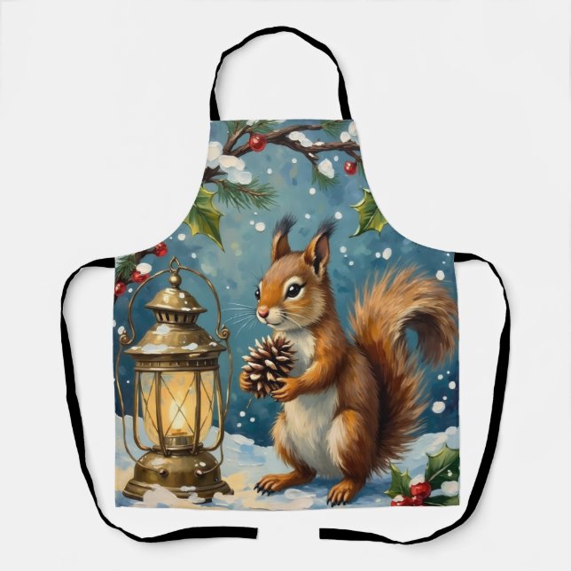 Tablier Écureuil vintage avec lanterne de Noël d'hiver (Recto)