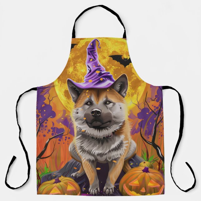 Tablier Éffrayant Akita Halloween Witch et Citrouille (Recto)