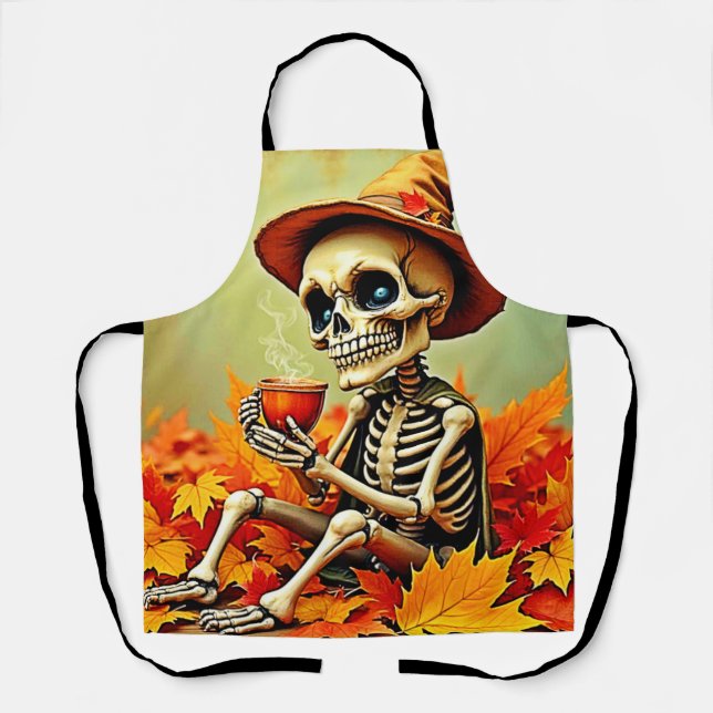 Tablier Éffrayant Automne Skeleton's Coffee Break Design (Recto)