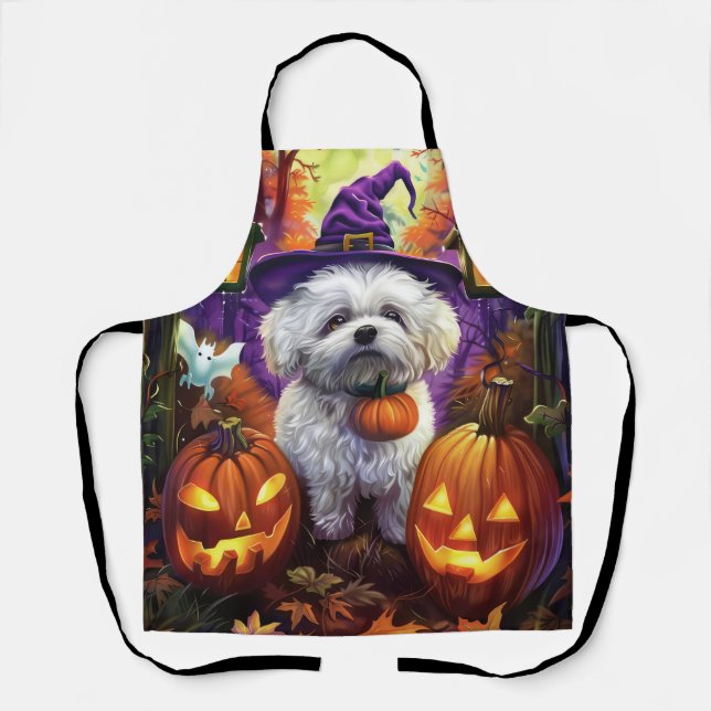 Tablier Éffrayant Bichon Frise Halloween sorcière et Citro (Recto)