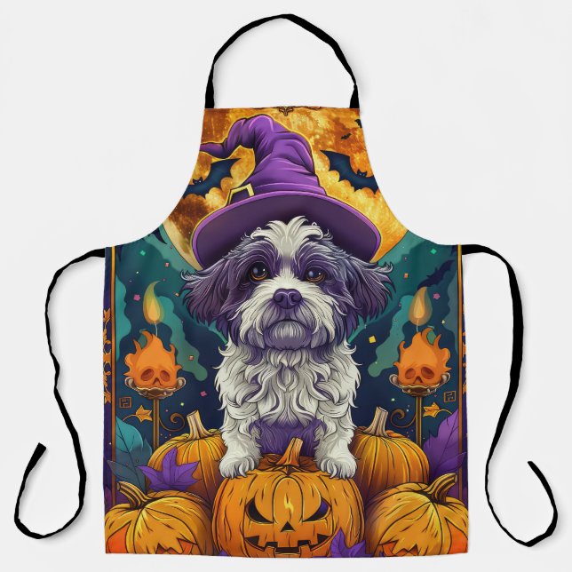 Tablier Éffrayant Chih Tzu Chien Halloween sorcière et Cit (Recto)