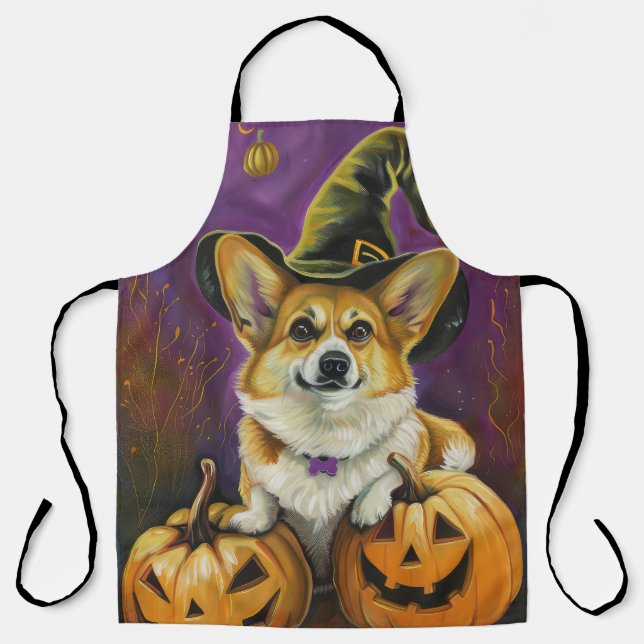 Tablier Éffrayant Corgi Chien Halloween Citrouille sorcier (Recto)