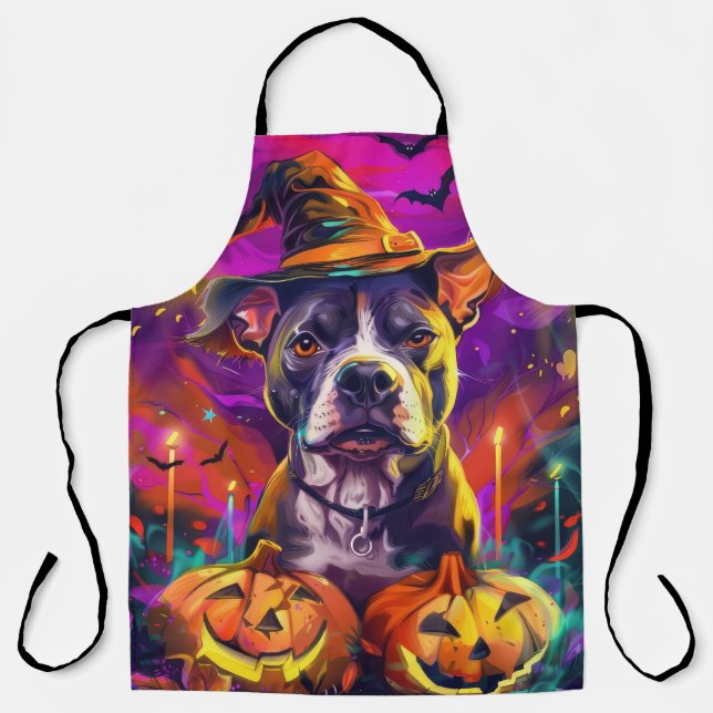 Tablier Éffrayant Pitbull Chien Halloween sorcière et Citr (Recto)