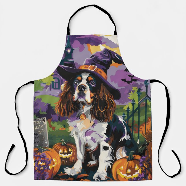 Tablier Éffrayant Springer Spaniel Halloween Witch Citroui (Recto)