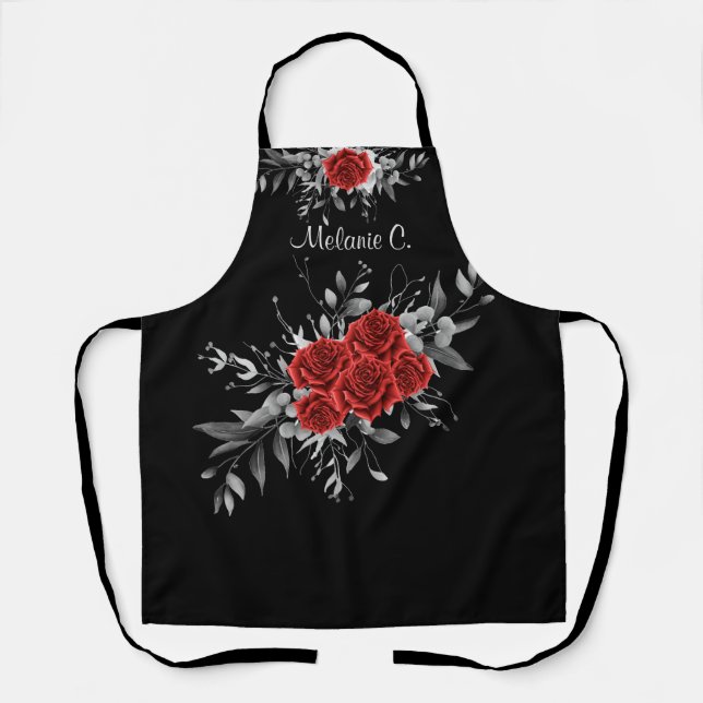 Tablier Elégance sans effort noir & blanc avec Roses rouge (Recto)
