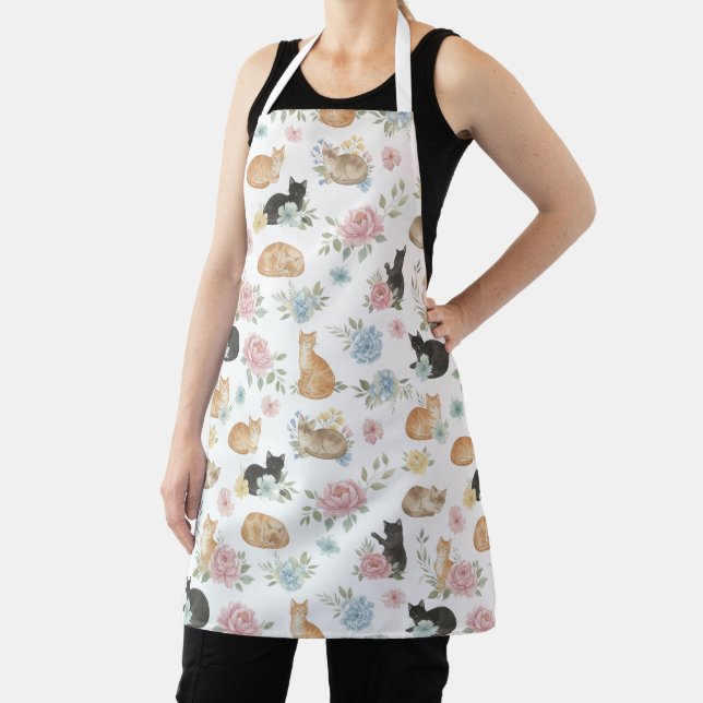 Tablier élégant avec impression de chat et fleurs (Insitu)