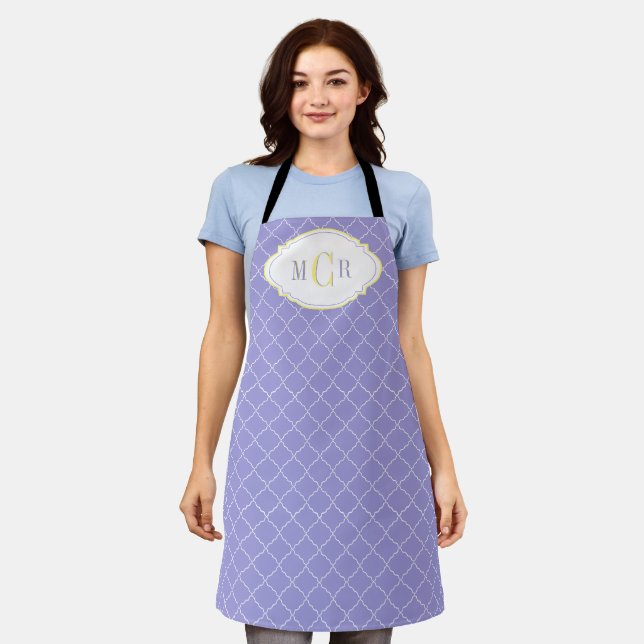 Tablier Élégant bleu français blanc jaune treillis monogra (Porté)