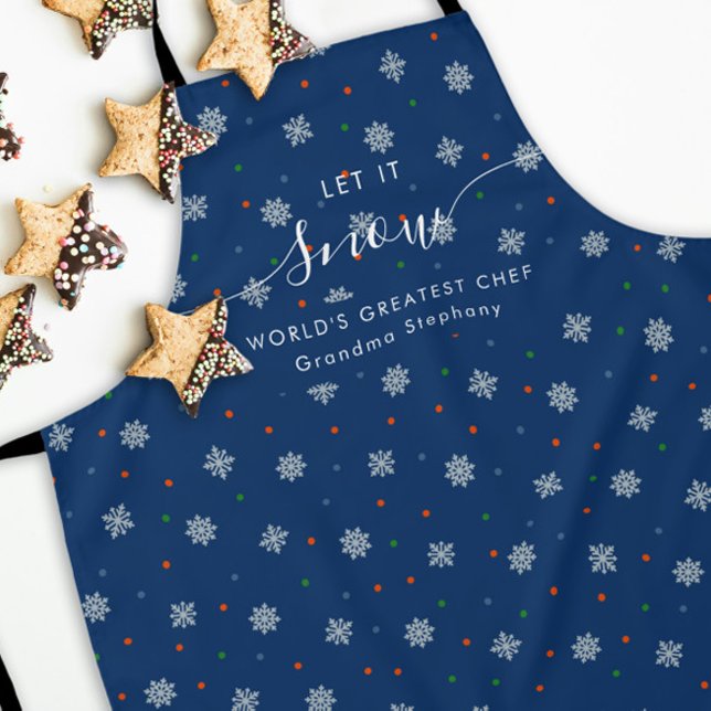Tablier Élégant bleu Hiver flocons et points personnalisés (Let it snow personalized apron with snowflakes and custom text)