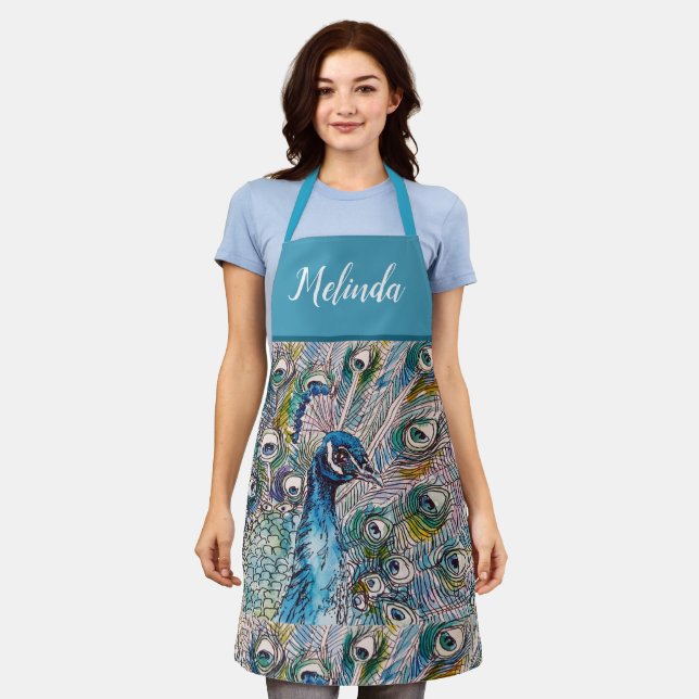 Tablier Elégant bleu Peacock Aquarelle Art Womans Apron (Porté)