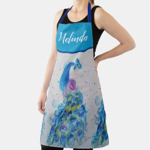 Tablier Elégant bleu Peacock Aquarelle Art Womans Apron