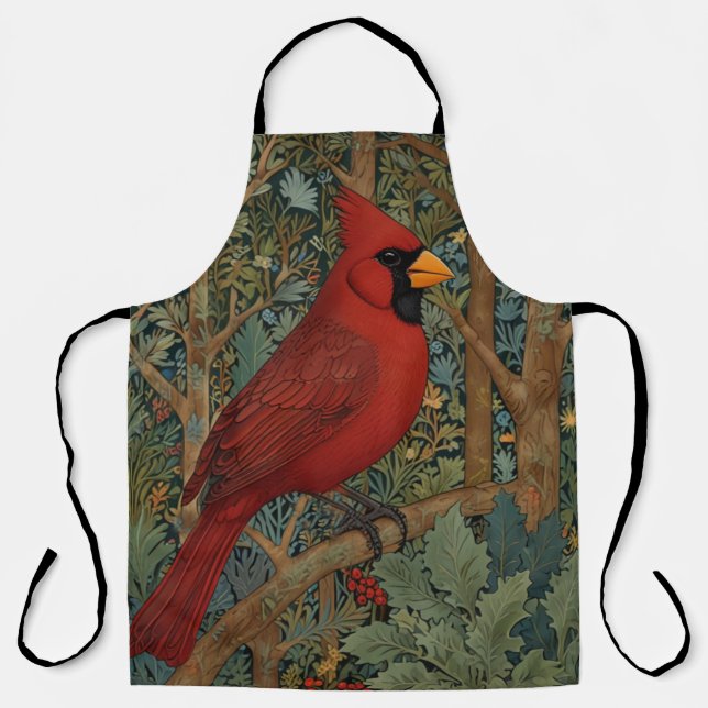 Tablier Elégant cardinal rétro Art Nouveau rouge oiseau (Recto)