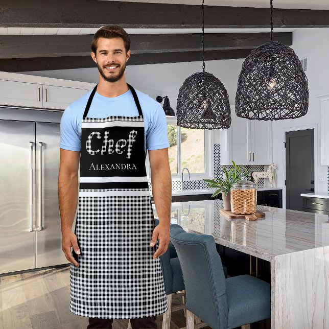 Tablier Élégant Chef Noir Buffalo Plaid Noir Blanc (Créateur téléchargé)