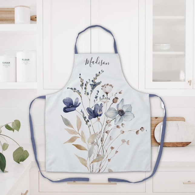 Tablier Élégant Chic Fleur Bleue Aquarelle Monogrammée (In situ)