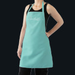 Tablier Élégant chic nom d'écriture personnalisé bleu aqua<br><div class="desc">Tablier de cuisine avec texte de nom de script moderne personnalisé bleu aqua, monogramme uni de couleur simple, élégant chic, texte bleu aqua et blanc. Personnalisez-le avec un nom, une citation, une phrase ou un texte. Idéal pour les cuisiniers, les chefs, la poterie, la céramique, l'artisanat, le travail, la cuisine,...</div>