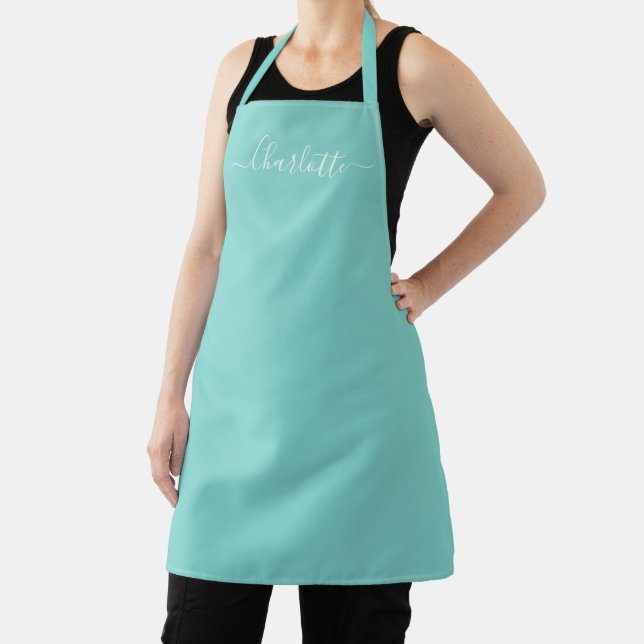 Tablier Élégant chic nom d'écriture personnalisé bleu aqua (Insitu)