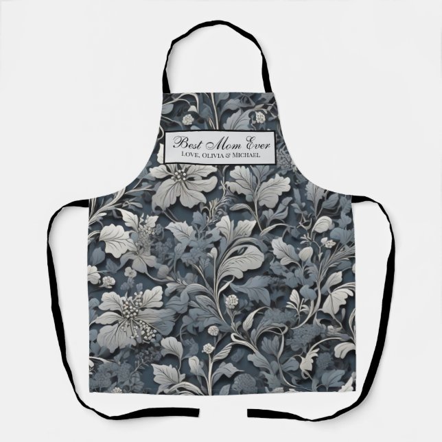 Tablier Élégant gris blanc argenté floral (Recto)