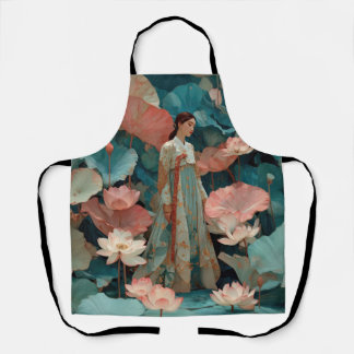 Tablier Elegant Hanbok Woman in Pink Lotus Garden